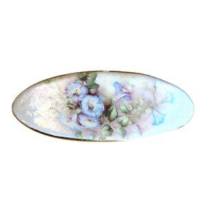 Vintage French Floral Hair Barrette Clip Hand Painted White Blue Oval Gold Rim